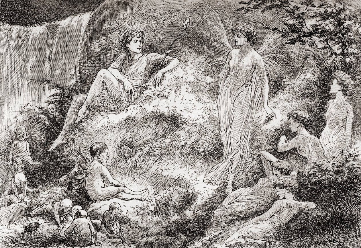 Titania: Coloque seu coração em repouso: A terra das fadas não compra meu filho, Cena de William Shakespeares Sonho de uma noite de verão, Ato II, Cena 1, de Os Trabalhos de William Shakespeare, publicado em 18 de Gordon Frederick Browne