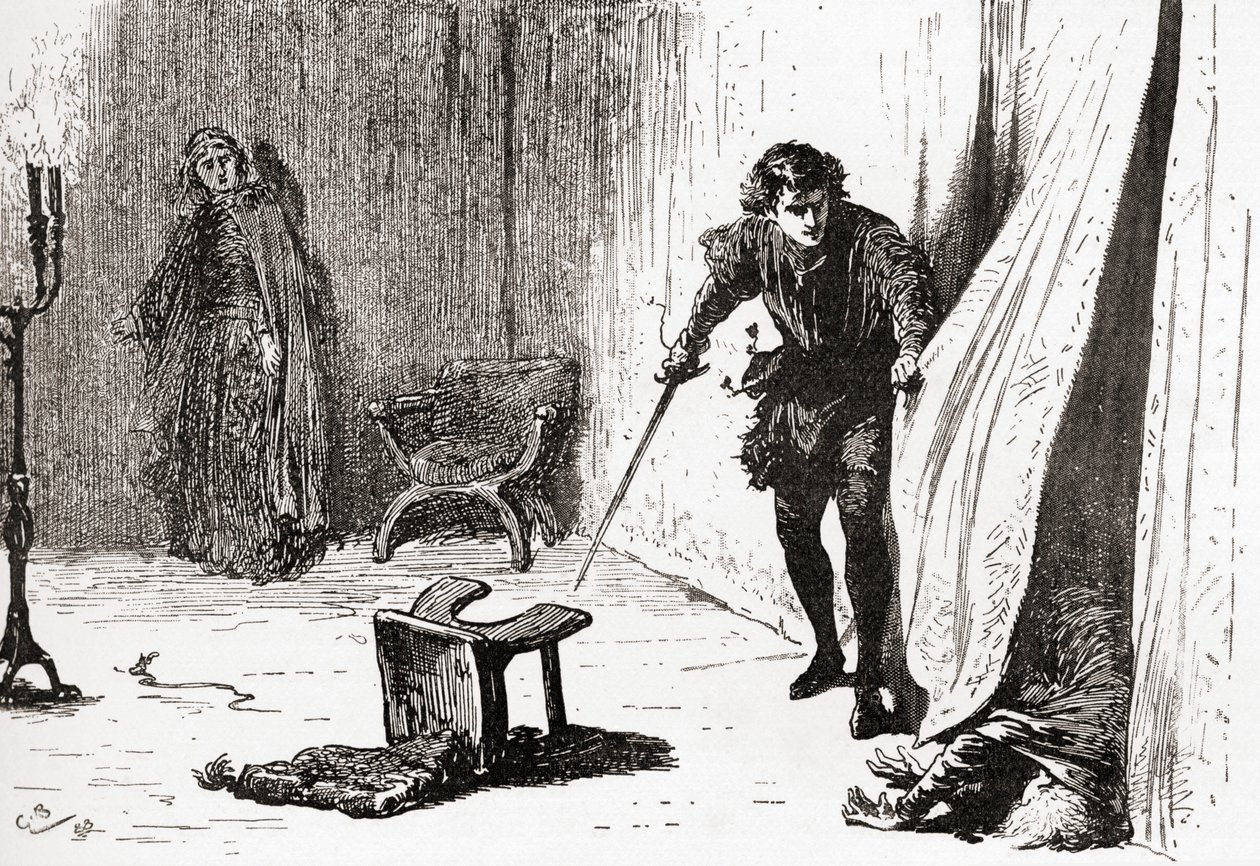 Uma cena de William Shakespeares interpreta Hamlet, Ato III, Cena 4, Hamlet: Desafortunado, imprudente, idiota intruso, adeus! Eu te tirei para o teu melhor, das obras de William Shakespeare, publicado 189 de Gordon Frederick Browne