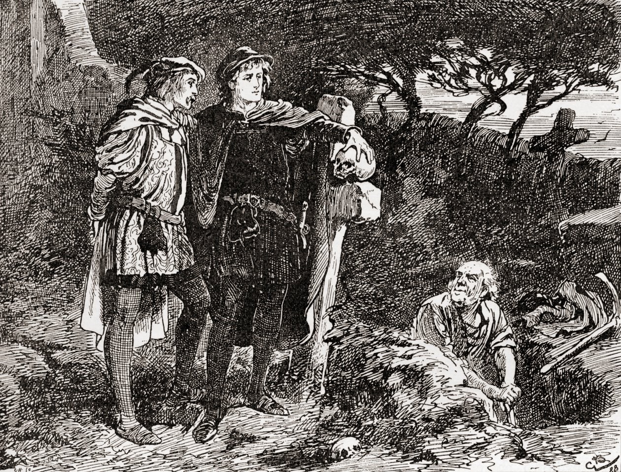 Uma cena de William Shakespeare interpreta Hamlet, Ato V, Cena 1, Hamlet: Eu o conheço, Horatio, um sujeito de gracejo infinito, da mais excelente fantasia, de The Works of William Shakespeare, publicado em 1896 (e de Gordon Frederick Browne