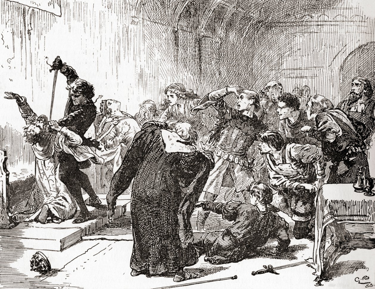 Uma cena de William Shakespeares toca Hamlet, Ato V, Cena 2, Hamlet: O ponto de ataque também! Então, veneno, para o teu trabalho. (Stabs the king), de Os Trabalhos de William Shakespeare, publicado em 1896 (engrav de Gordon Frederick Browne
