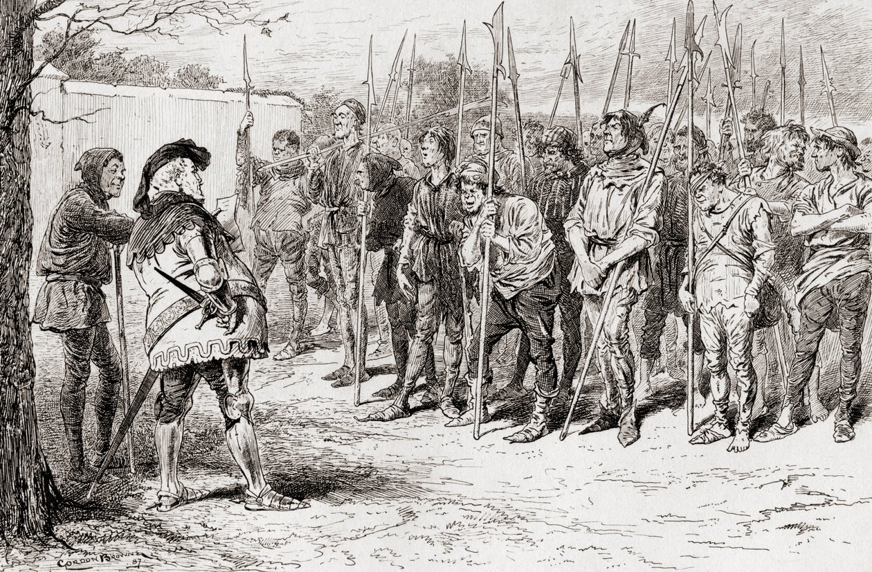 Uma cena de William Shakespeares tocar King Henry IV, Parte 1, ato IV, cena 2, Falstaffs regimento irregular, de The Works of William Shakespeare, publicado em 1896 de Gordon Frederick Browne