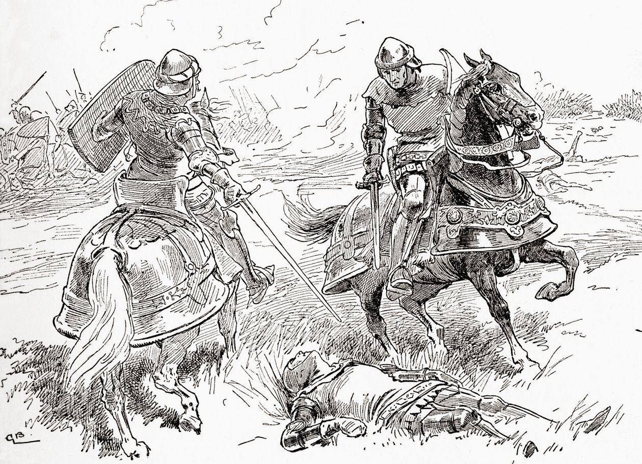 Uma cena de William Shakespeares tocar King Henry IV, Parte 1, Act V, Cena 3, Conde de Douglas: Alls feito, alls ganhou, aqui sem fôlego reside o rei, de The Works of William Shakespeare, publicado em 1896 de Gordon Frederick Browne