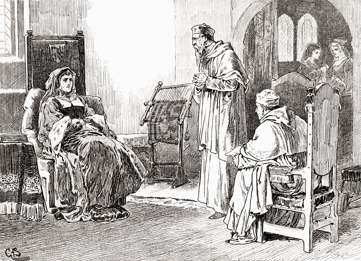 Uma cena de William Shakespeare interpreta o Rei Henrique VIII, Ato III, Cena 1, a Rainha Katherine: Faça o que quiser, meus senhores e ore, perdoe-me, se eu me tiver usado sem egoísmo, das Obras de William Sha de Gordon Frederick Browne