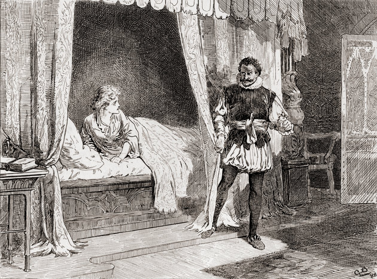 Uma cena de William Shakespeares toca Othello Act V, Cena 2, Desdemona: Falar de matar Othello: Ay I Do, de Os Trabalhos de William Shakespeare, publicado em 1896 de Gordon Frederick Browne