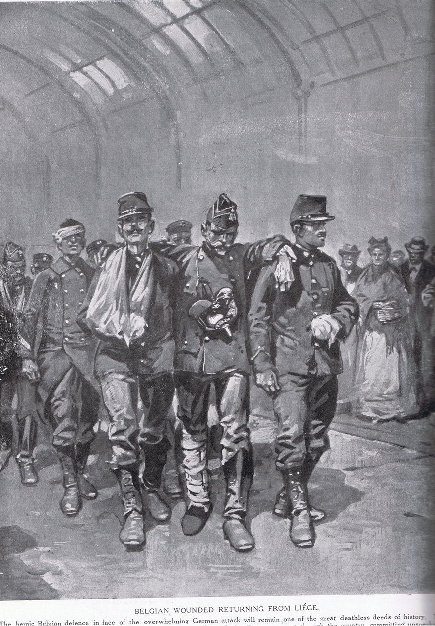Feridos belgas retornam de Liège, de "A história da nação britânica" de Hutchison, c.1920 de Gordon Frederick Browne
