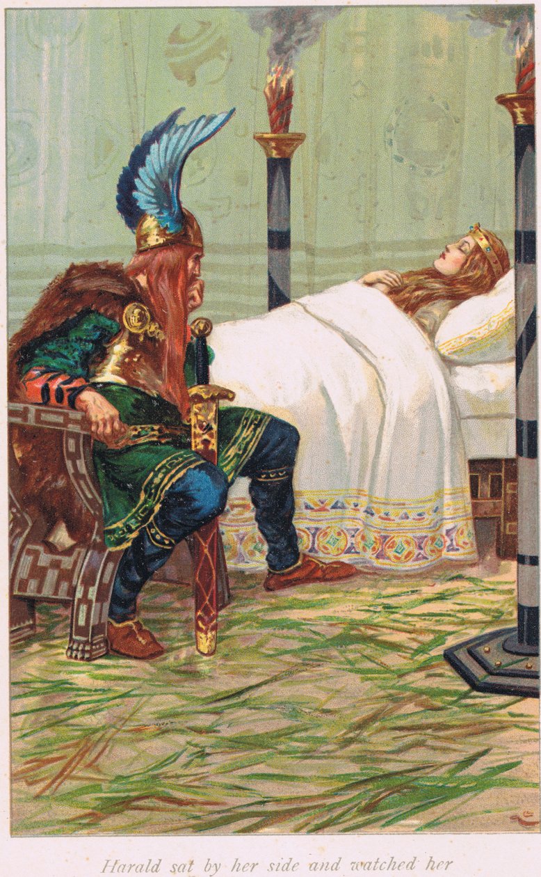 Harald sentou-se ao lado dela e observou-a, ilustração de "O Livro das Sagas", de Alice S. Hoffman, publicada em 1926. de Gordon Frederick Browne