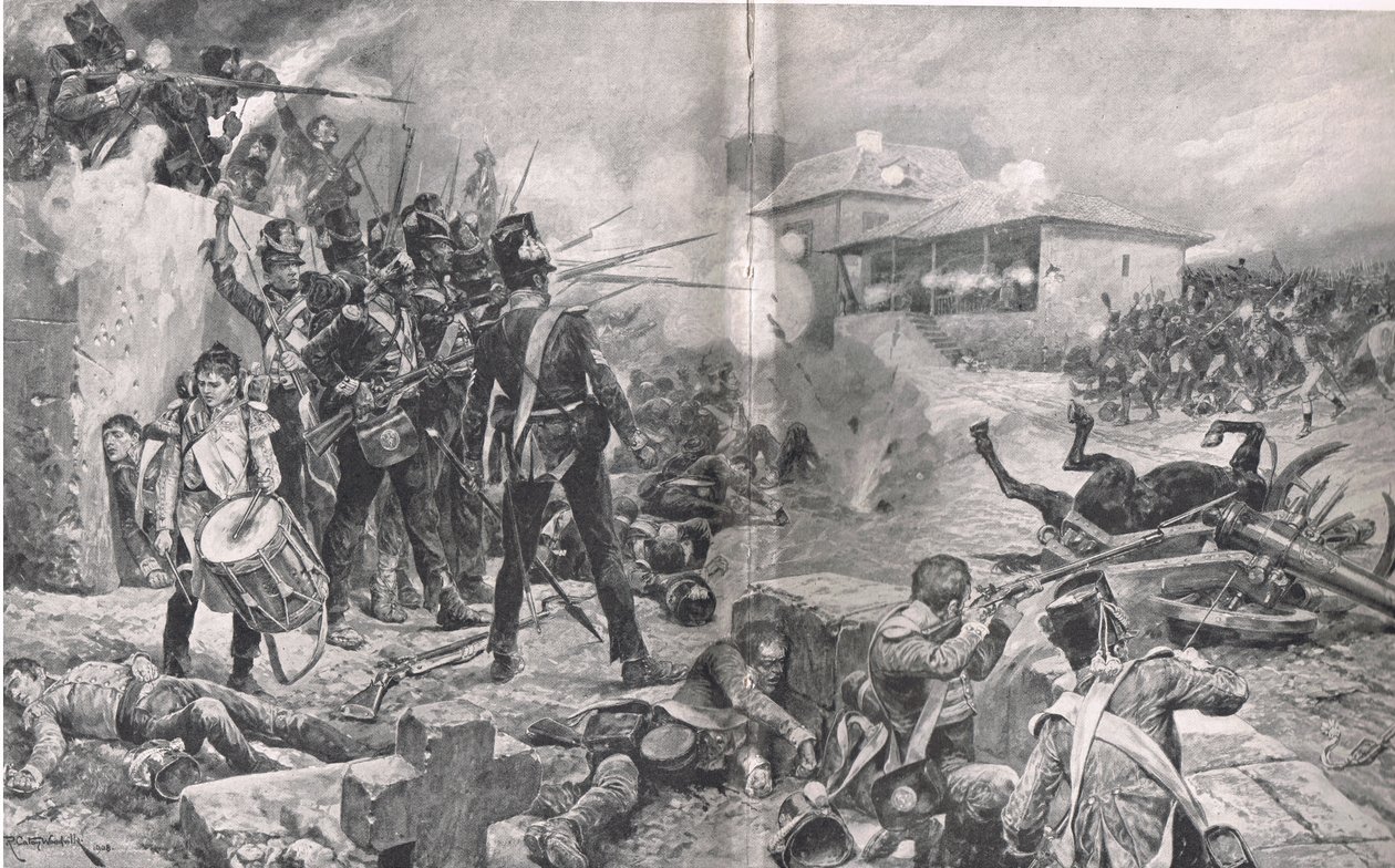 Como o 57º Regimento ganhou o apelido de "The Die Hards" na Batalha de Albuera, 16 de maio de 1811, ilustração de "Batalhas Britânicas na Terra e no Mar", publicado por Cassell, Londres, c.1910 de Gordon Frederick Browne
