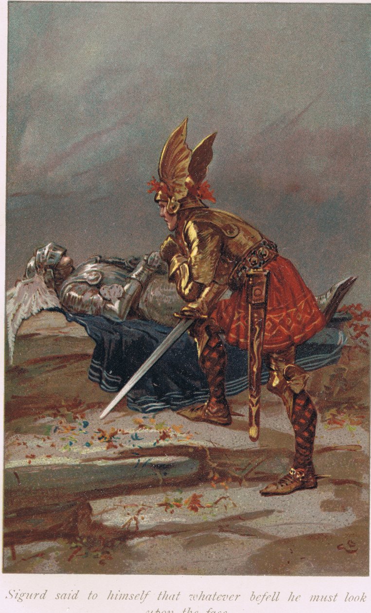 Sigurd disse para si mesmo que, o que quer que tenha acontecido, ele deve olhar no rosto, ilustração de "O Livro das Sagas", de Alice S. Hoffman, publicada em 1926. de Gordon Frederick Browne
