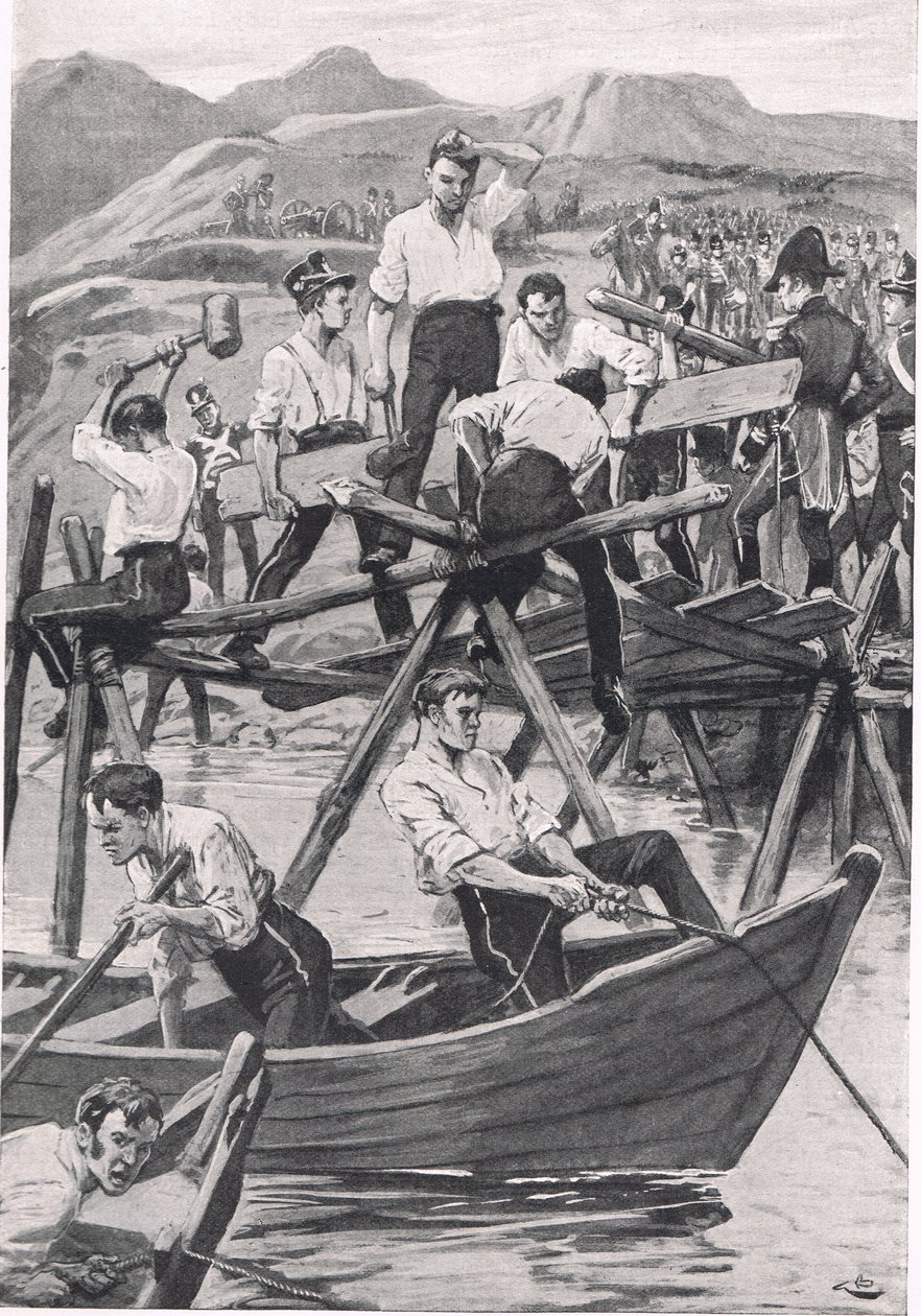 A construção da ponte sobre o Guadiana, a 3 de abril de 1811, ilustração de "Batalhas britânicas na terra e no mar", publicada por Cassell, Londres, c.1910 de Gordon Frederick Browne