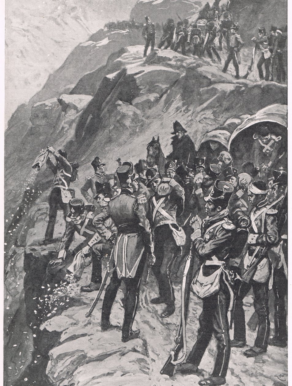 O Retiro à Corunha: Arremessando a Prata pela encosta da montanha, ilustração de "Batalhas Britânicas na Terra e no Mar", publicada por Cassell, Londres, c.1910 de Gordon Frederick Browne