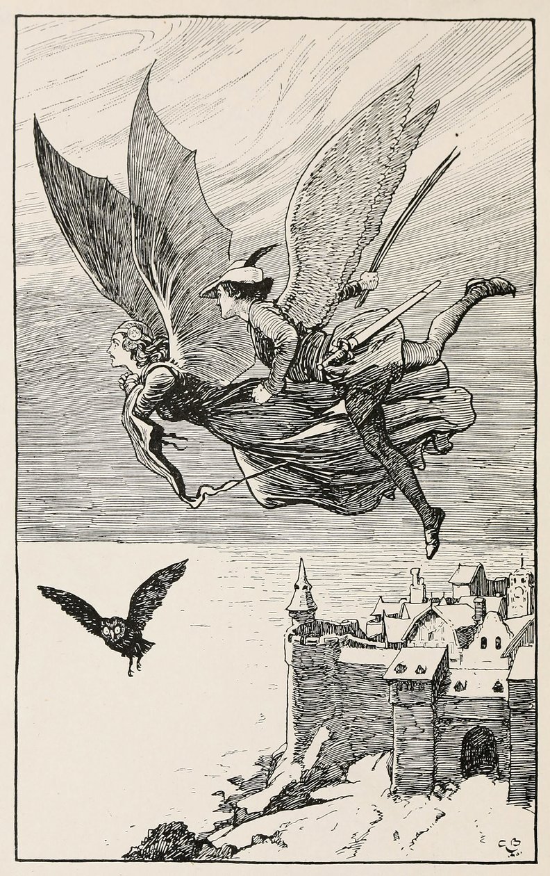 O companheiro de viagem voou atrás dela, dos Contos de Fadas de Hans Anderson, pub 1919 (gravura) de Gordon Frederick Browne