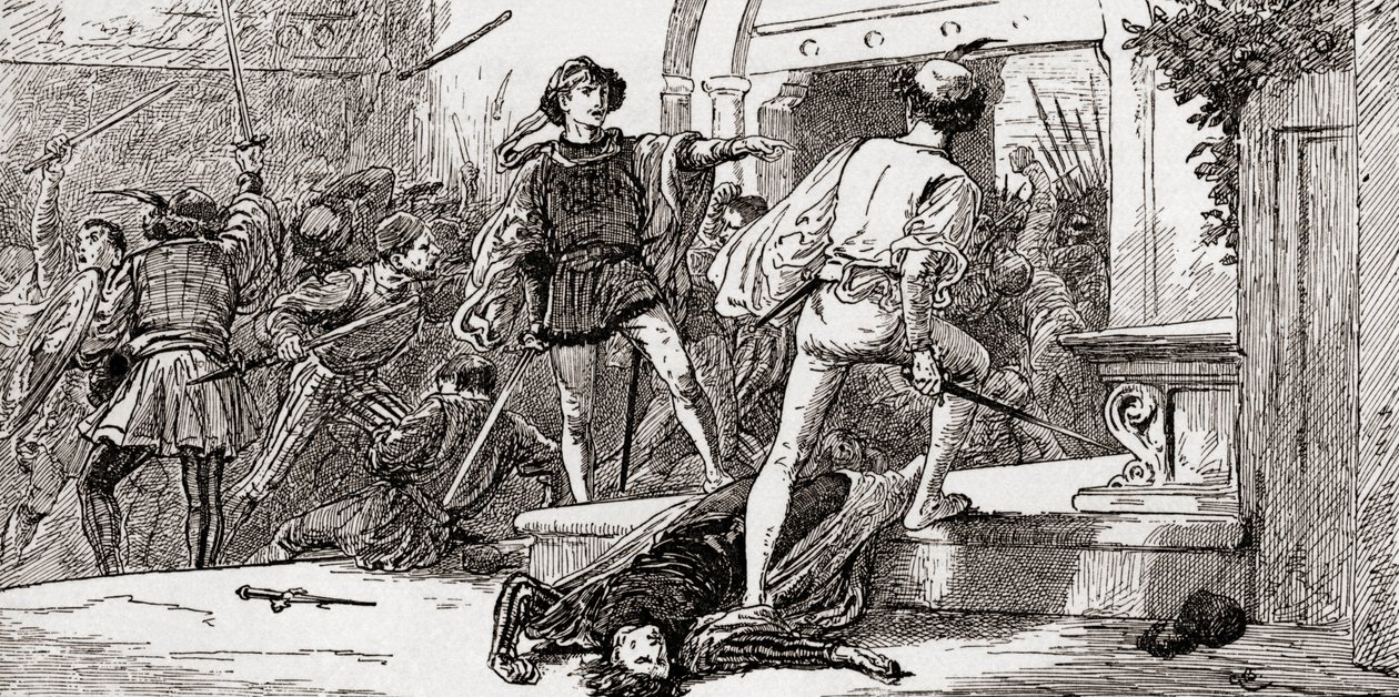 Tybalt morto por Romeo, cena de William Shakespeares Romeu e Julieta, Ato III, Cena 1, de Os Trabalhos de William Shakespeare, publicado em 1896 de Gordon Frederick Browne