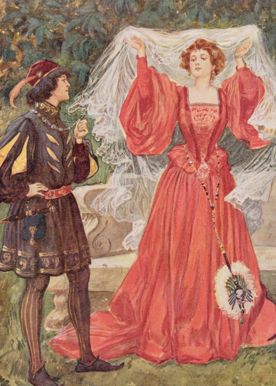 Viola e Olivia em Twelfth Night de &39;Children&39;s Stories from Shakespeare&39; por Edith Nesbit (1858-1924) pub. por Raphael Tuck und Sons Ltd., Londres (ilustração do livro) de Gordon Frederick Browne