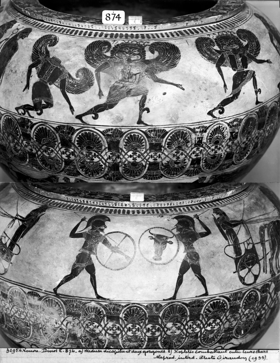 Dinos representando (em cima) Medusa decapitada (em baixo) e Luta de Hoplitas, c.580 aC (cerâmica) (ver também 438877) de Gorgon Painter