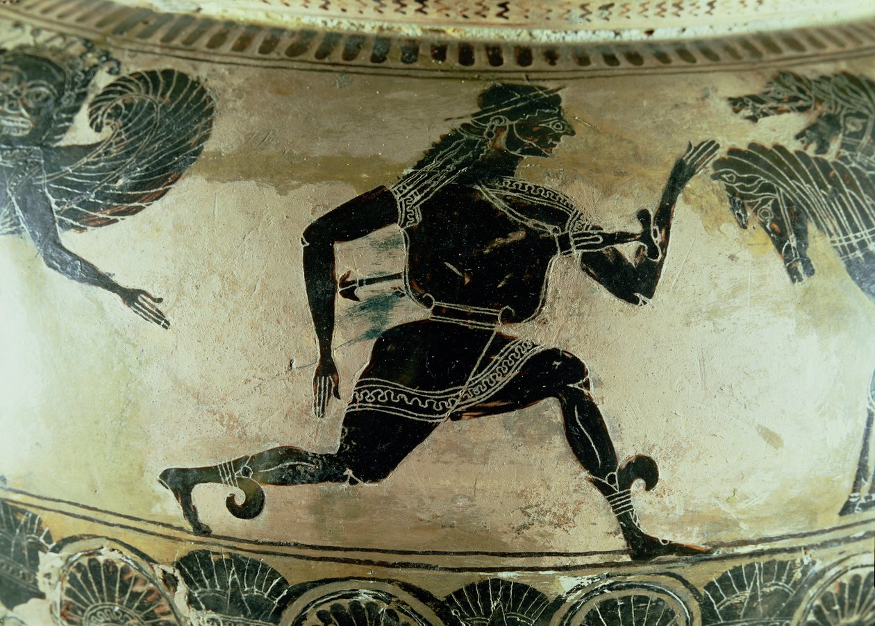 Perseu Fugindo das Górgonas, detalhe de um dinossauro ático de figuras negras, grego, c.590 aC (cerâmica) de Gorgon Painter