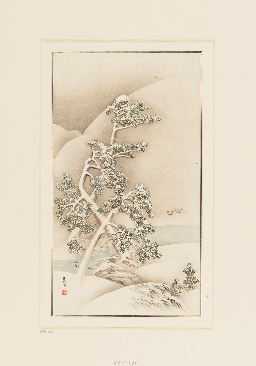 Impressão de xilogravura-Árvores na neve de Goshua