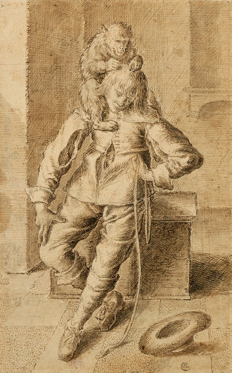 Um Cavalier com um Macaco (tinta marrom e bistre em papel bege) de Gottfried Libalt