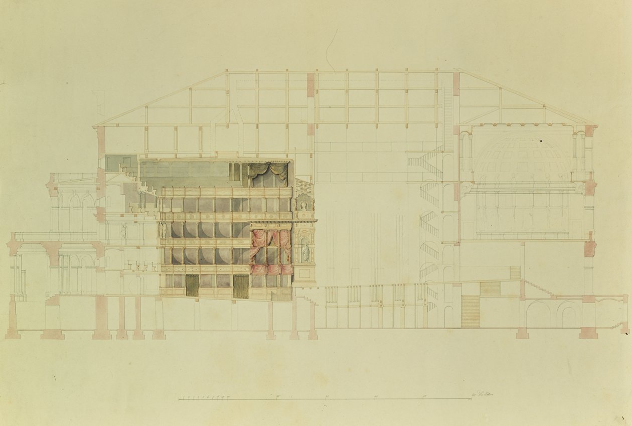 Plano para o Teatro Real de Dresden, c.1838 (caneta e tinta e wc no papel) de Gottfried Semper