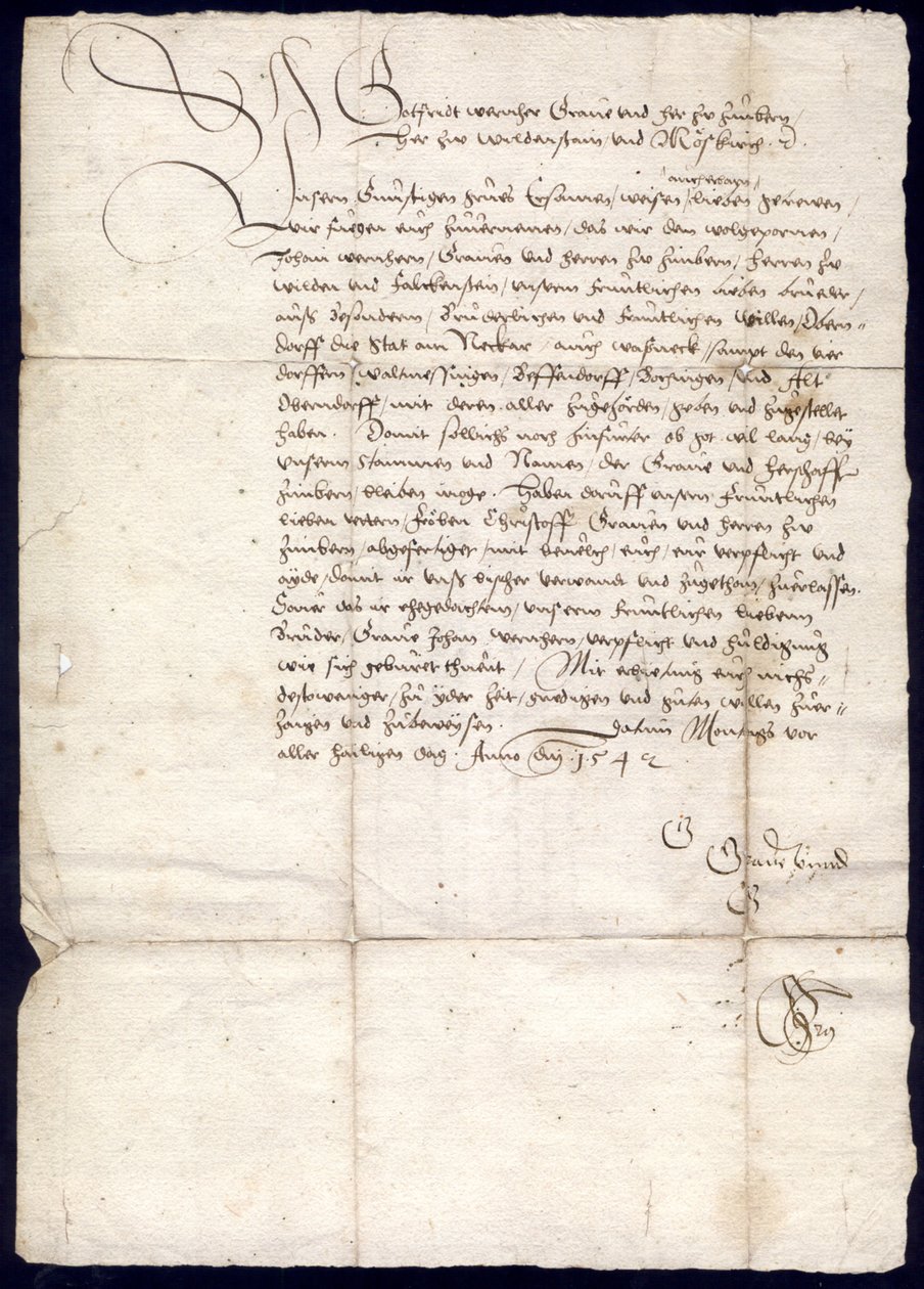 Carta do conde Gottfried Werner von Zimmern a prefeito, prefeito, conselho e municipalidade da cidade de Oberndorf e prefeitos, juízes e comunidades das aldeias Waldmössingen, Beffendorf, Bochingen e Altoberndorf, 30 de outubro de 1542; Arquivo distrital v de Gottfried Werner von Zimmern