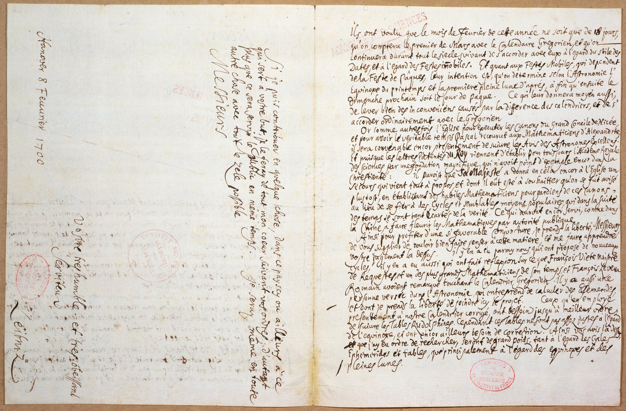 As últimas páginas de uma carta escrita por Leibniz em sua admissão à &39;Academie des Sciences&39; em Paris, 8 de fevereiro de 1700 de Gottfried Wilhelm Leibniz