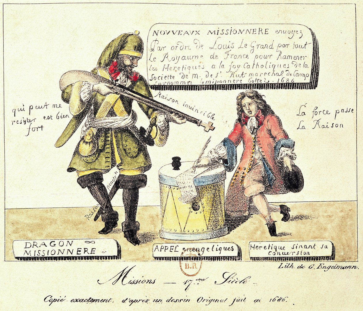 Missões do século XVII: O Dragão Missionário forçando um huguenote a assinar sua conversão ao catolicismo, cópia exata depois de um desenho original de 1686 de Gottfried or Godefroy Engelmann