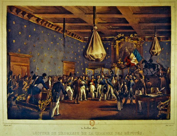Leitura do endereço da Câmara de Deputados no Hotel de Ville, Paris, em 31 de Julho de 1830 (cor litho) de Gottfried or Godefroy Engelmann