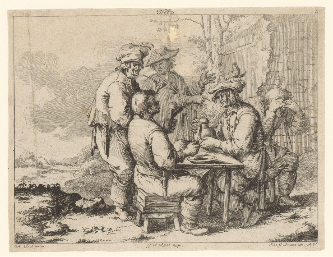 Cinco agricultores à mesa no grande ar livre
Aconchego rural (título da série) de Gottlieb Friedrich Riedel
