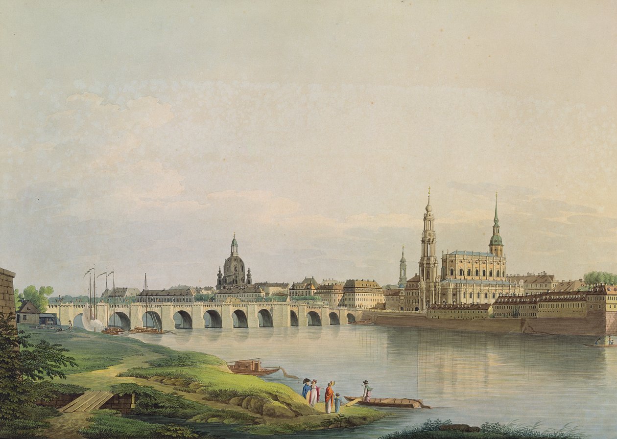 Vista de Dresden da parte ocidental da nova cidade (com a Frauenkirche, igreja protestante, Augustus Bridge e a Catedral) gravada por Christian Gottlob Hammer (1779-1864) (gravura a cores) de Gottlob Thormeyer or Thormeier