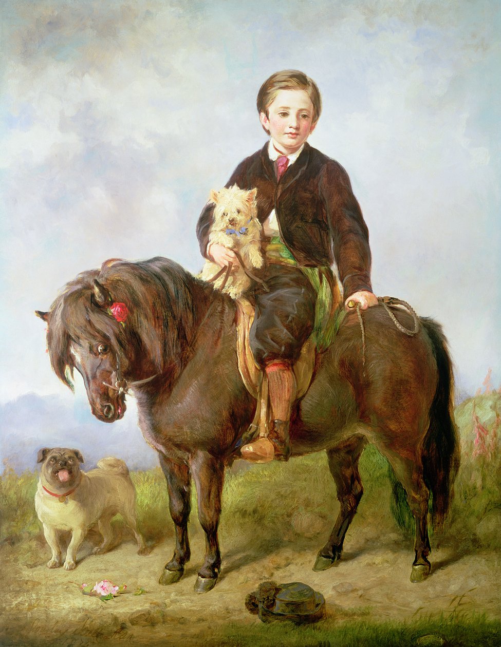 John Samuel Bradford como um menino sentado em um pônei de shetland com um cão pug, século 19 de Gourlay Steel