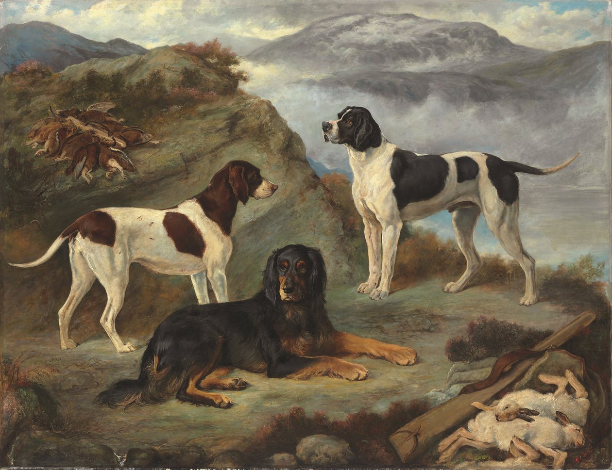 Sherry, Ranger e Glen, três gundogs numa paisagem (óleo sobre tela) de Gourlay Steell