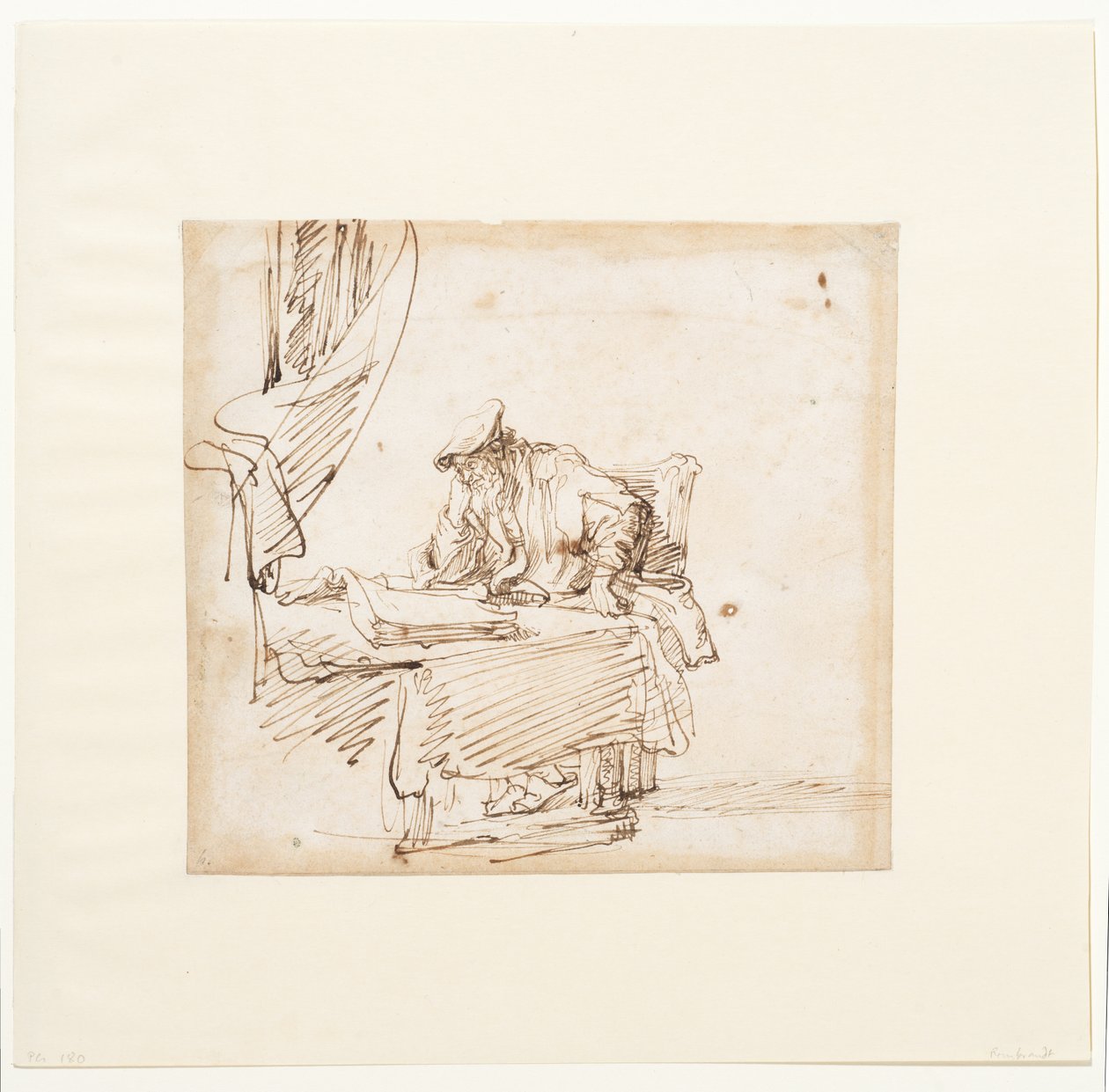 Académico sentado a uma mesa sobre a qual repousa um grande livro de Govaert (attr. to) Flinck