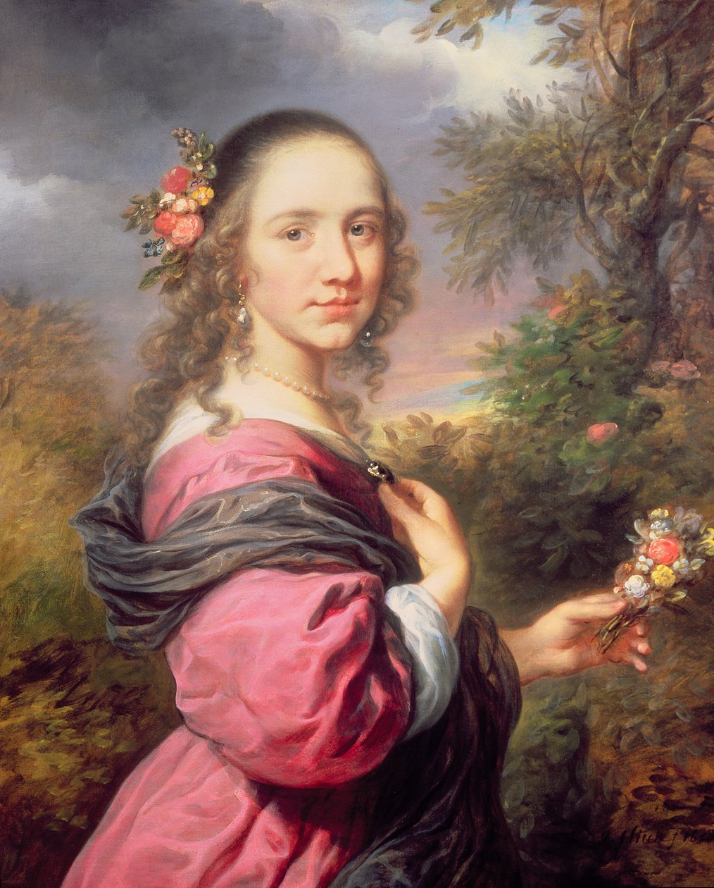 Um Retrato de uma Senhora, vestindo um vestido roxo de Govaert Flinck