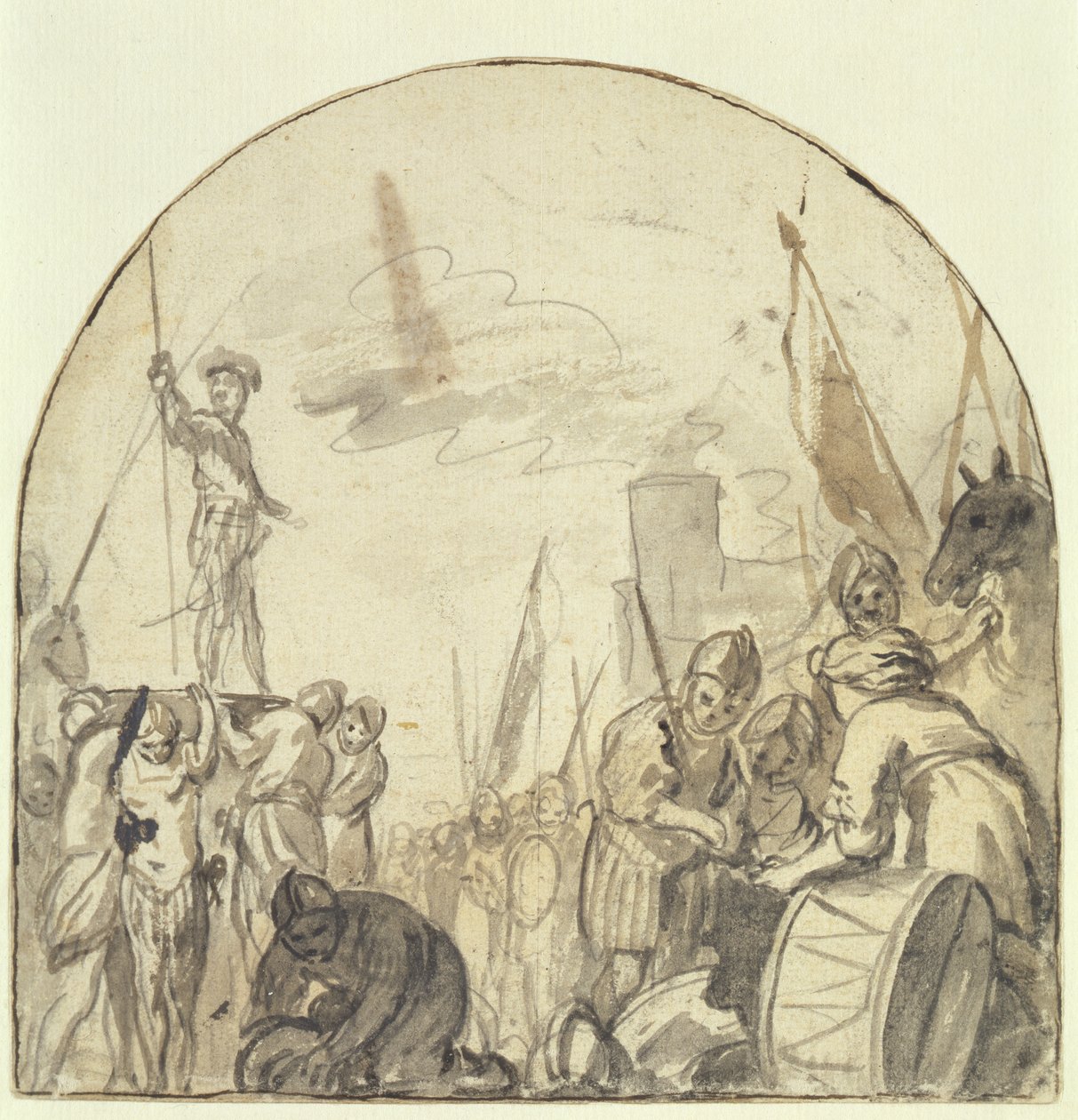Brinio sendo criado em seu escudo por seus guerreiros (caneta e pincel e tinta sobre lápis sobre papel) de Govaert Flinck