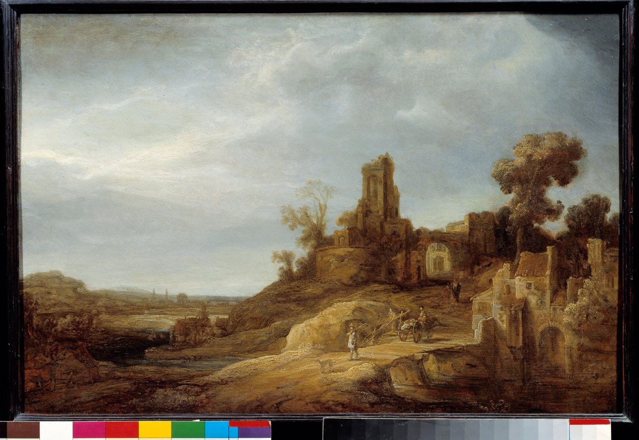 Paisagem da Ponte e das Ruínas Pintura de Govaert Flink (1615/1616-1660) 1637 Sol. 0,49x0,75 m de Govaert Flinck