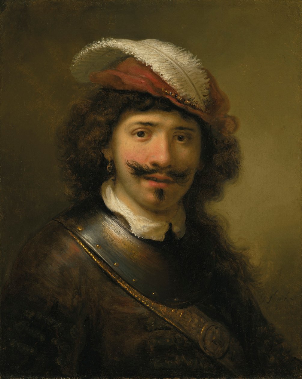 Retrato de um homem vestindo um Gorget e um chapéu emplumado, 1636. de Govaert Flinck