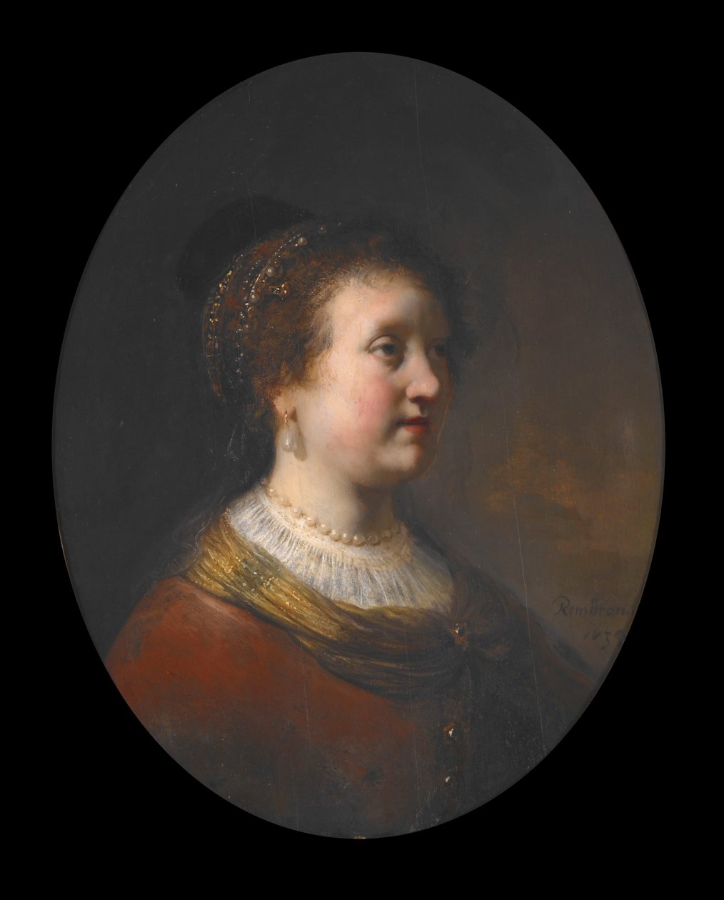 Mulher com vestido vermelho e pérolas de Govaert Flinck