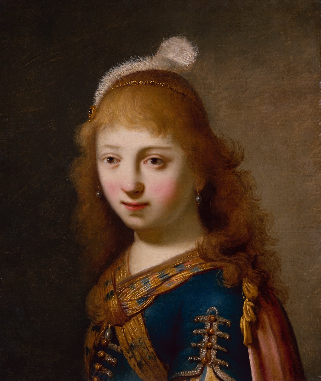 Moça com um vestido azul e capa vermelha (óleo sobre tela) de Govaert Flinck