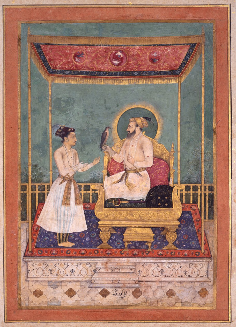 Shah Jahan Entronizado com seu filho Dara Shikoh, c. 1630-1640 (wc opaco e ouro no papel) de Govardhan