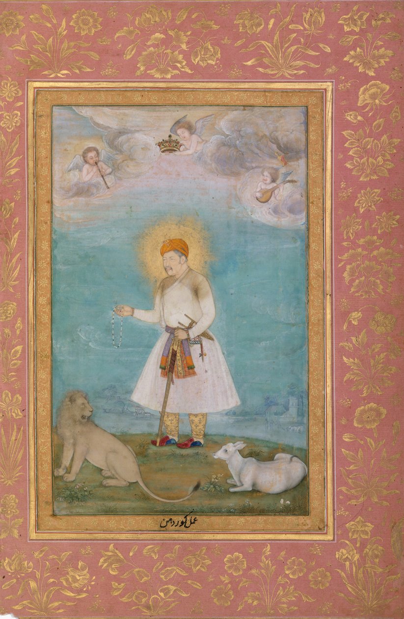 Akbar With Lion and Bezerro, Folio do álbum Shah Jahan, verso: ca. 1630, reto: ca. 1530-50 de Govardhan