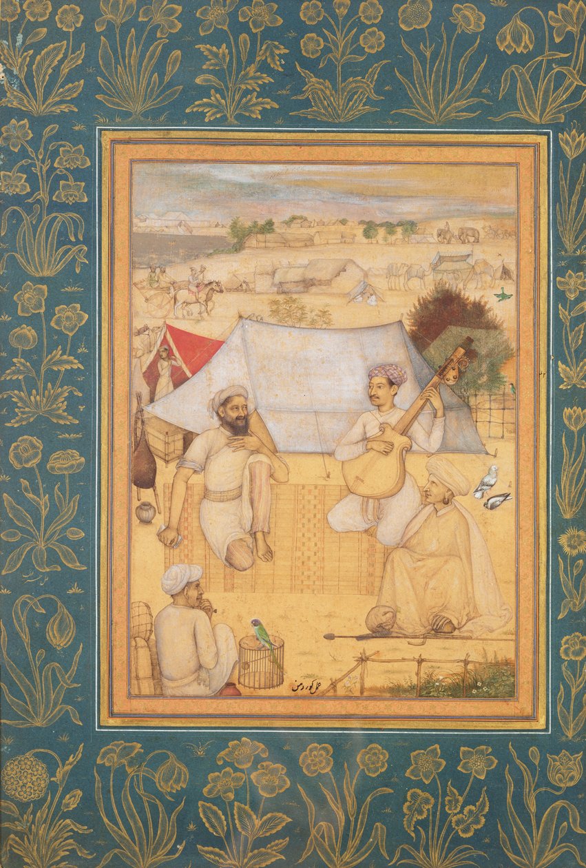 Músicos e cantores se ajoelham nos arredores de um acampamento de Mughal. Um Yogi e um Servo Escute-os, do Álbum Minto, c.1630 de Govardhan