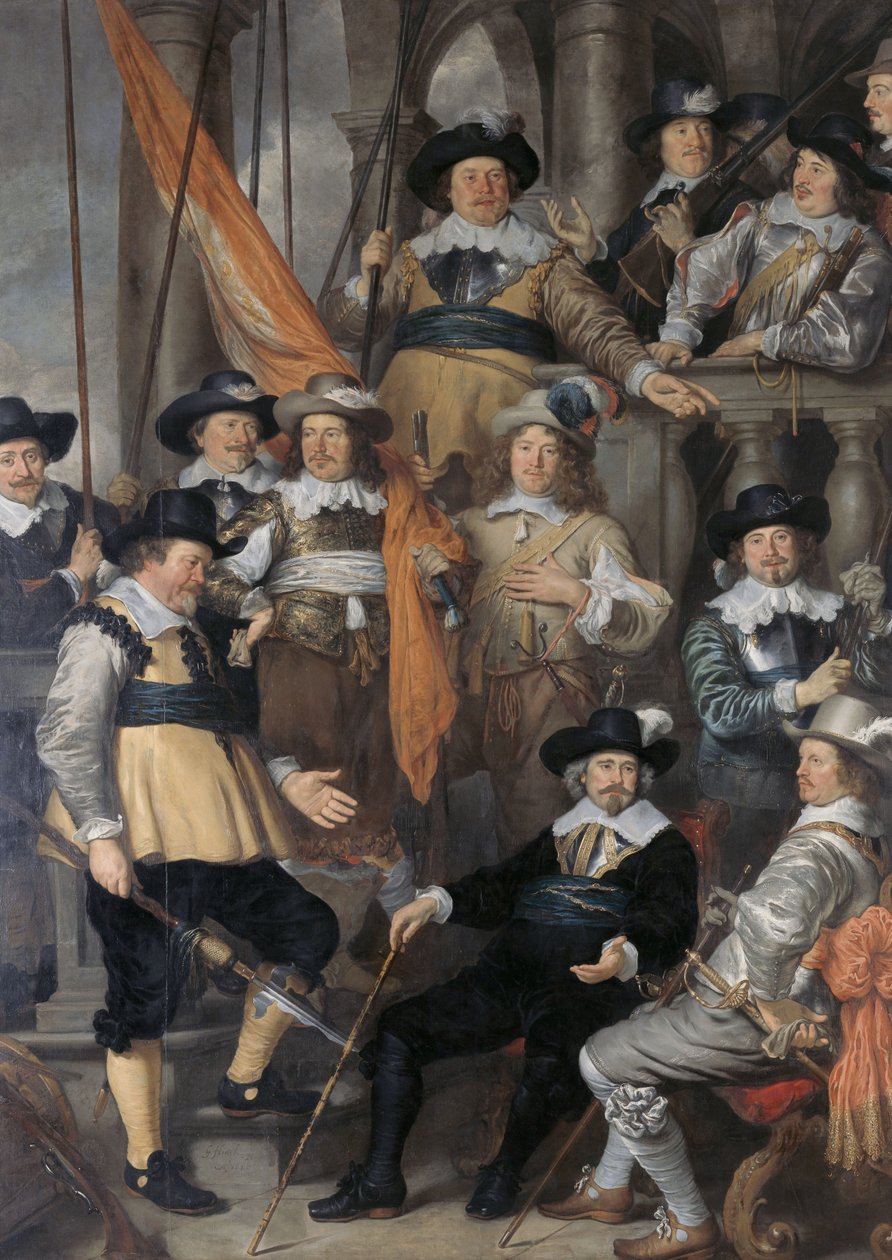 Neerlandês: Schutters van Wijk XVIII sob o comando do Capitão Albert Bas e do Tenente Lucas Conijn A Companhia do Capitão Albert Bas e do Tenente Lucas Conijn de Govert Flinck