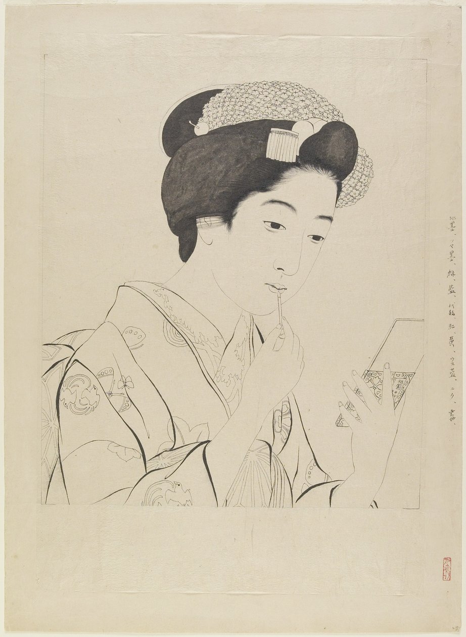 Desenho de tinta para mulher segurando o pincel de lábios, 1919 de Goyo Hashiguchi