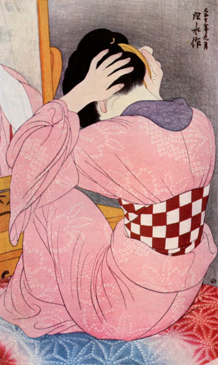Uma mulher japonesa vestindo seus cabelos, 1920s 1930. de Goyo Hashiguchi