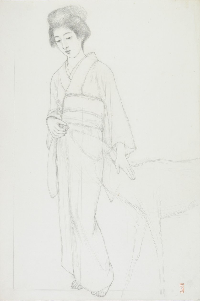 Desenho de mulher acariciando um cervo de Goyo Hashiguchi