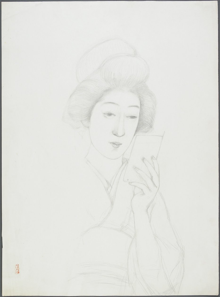 Desenho de uma mulher segurando o espelho de Goyo Hashiguchi
