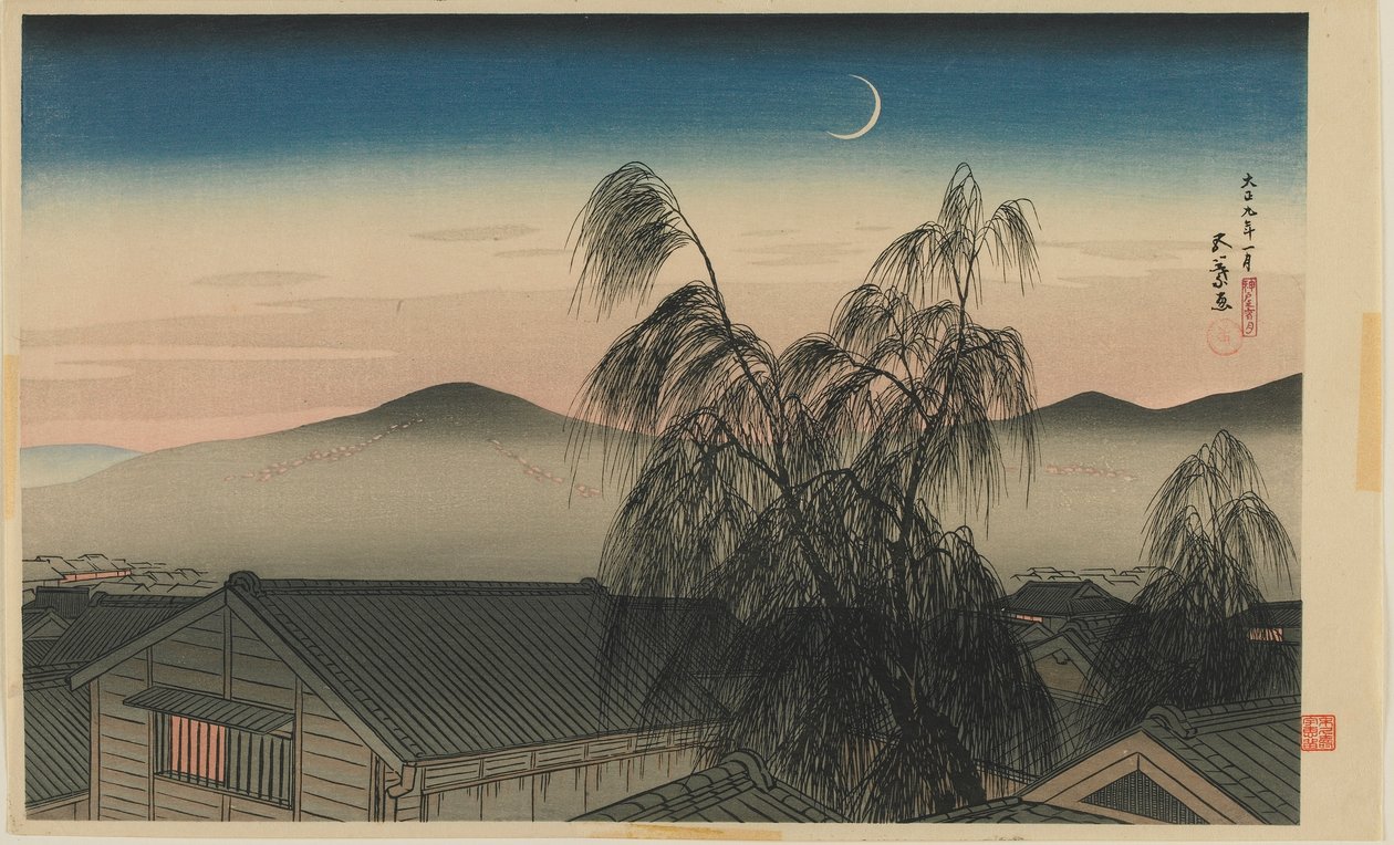 Lua de noite em Kobe (Kobe nenhum yoizuki) Era de Taisho, janeiro 1920 (impressão de woodblock de cor) de Goyo Hashiguchi