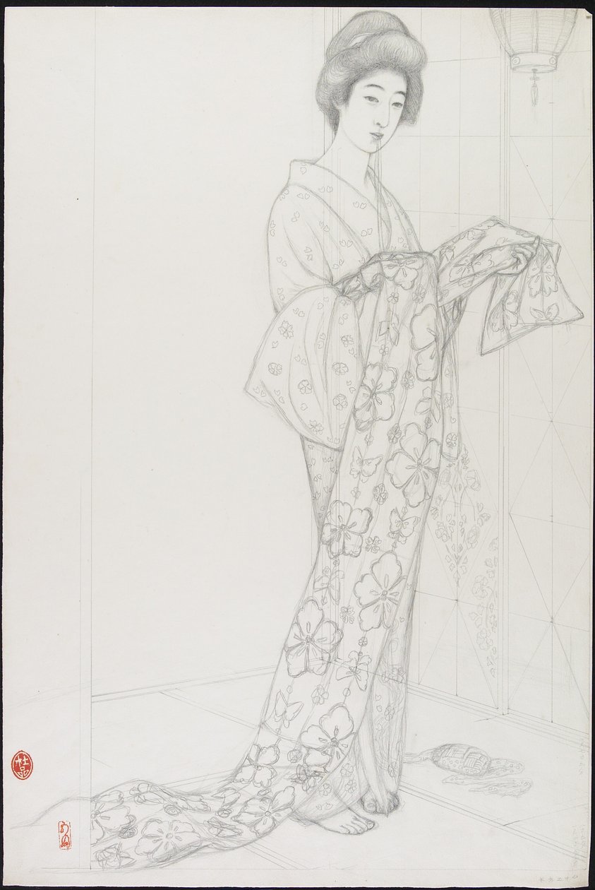 Desenho Preparatório para Mulher em Roupa Interior de Quimono de Goyo Hashiguchi