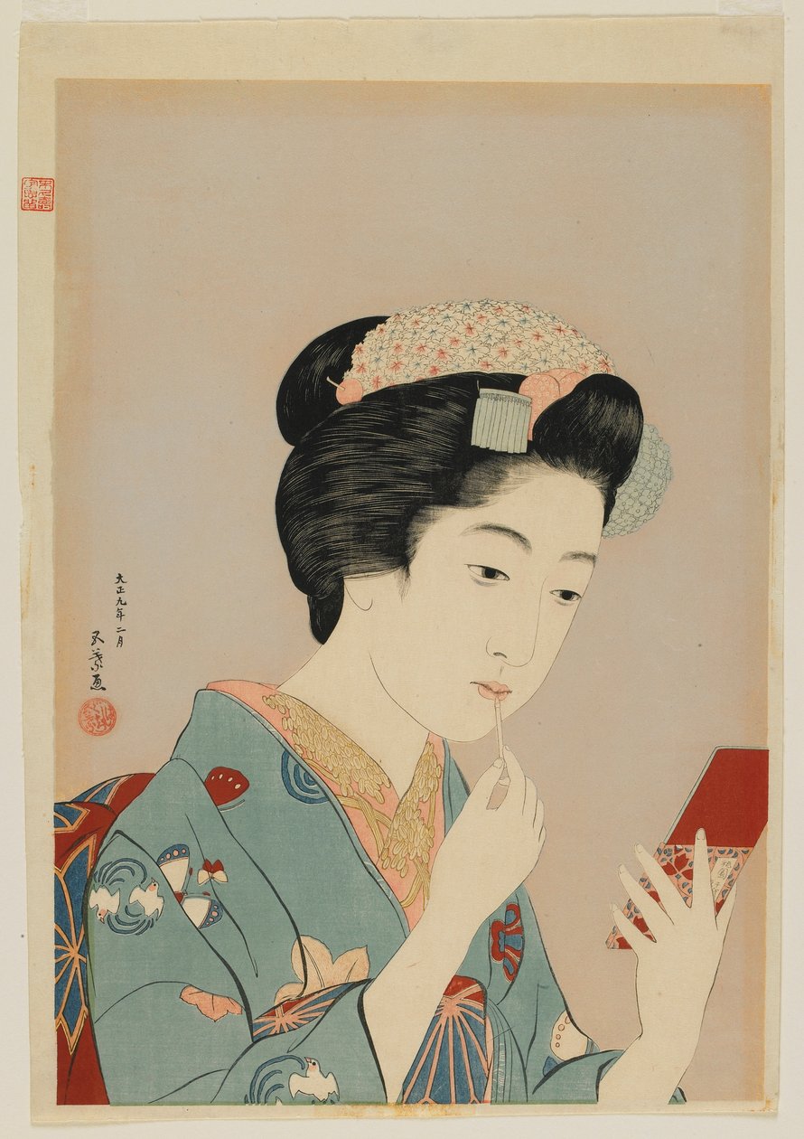 Mulher, aplicando, lábio, rouge, Taisho, era, fevereiro, 1920, (color, woodblock, print) de Goyo Hashiguchi
