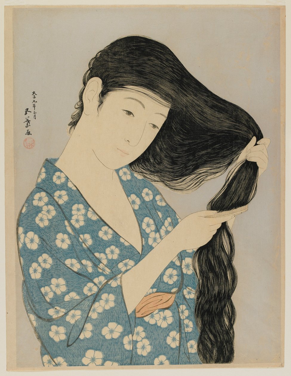 Mulher penteando o cabelo, era Taisho, de março de 1920 (impressão woodblock de cor) de Goyo Hashiguchi