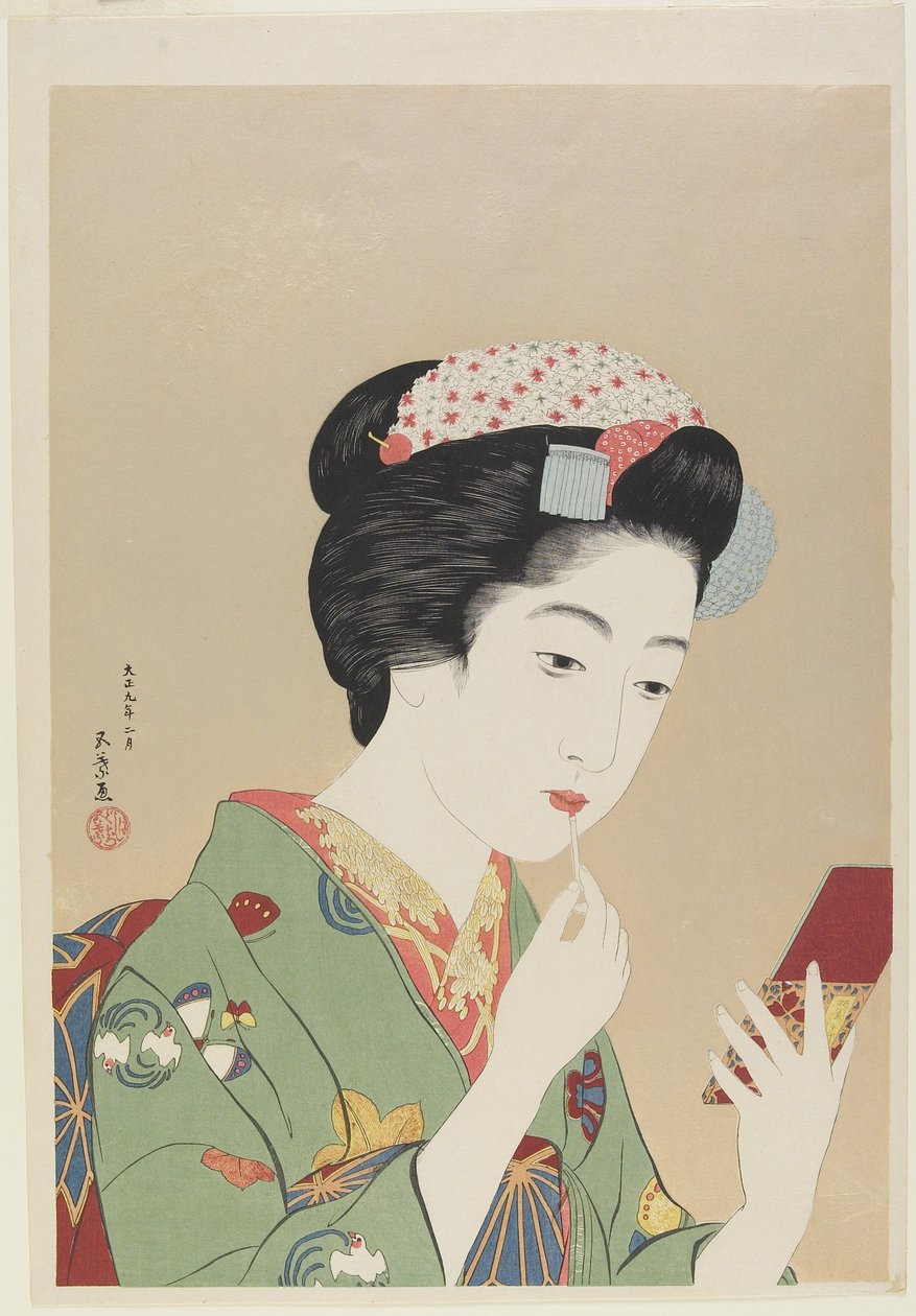 Mulher, segurando, escova lábio, fevereiro, 1919 de Goyo Hashiguchi